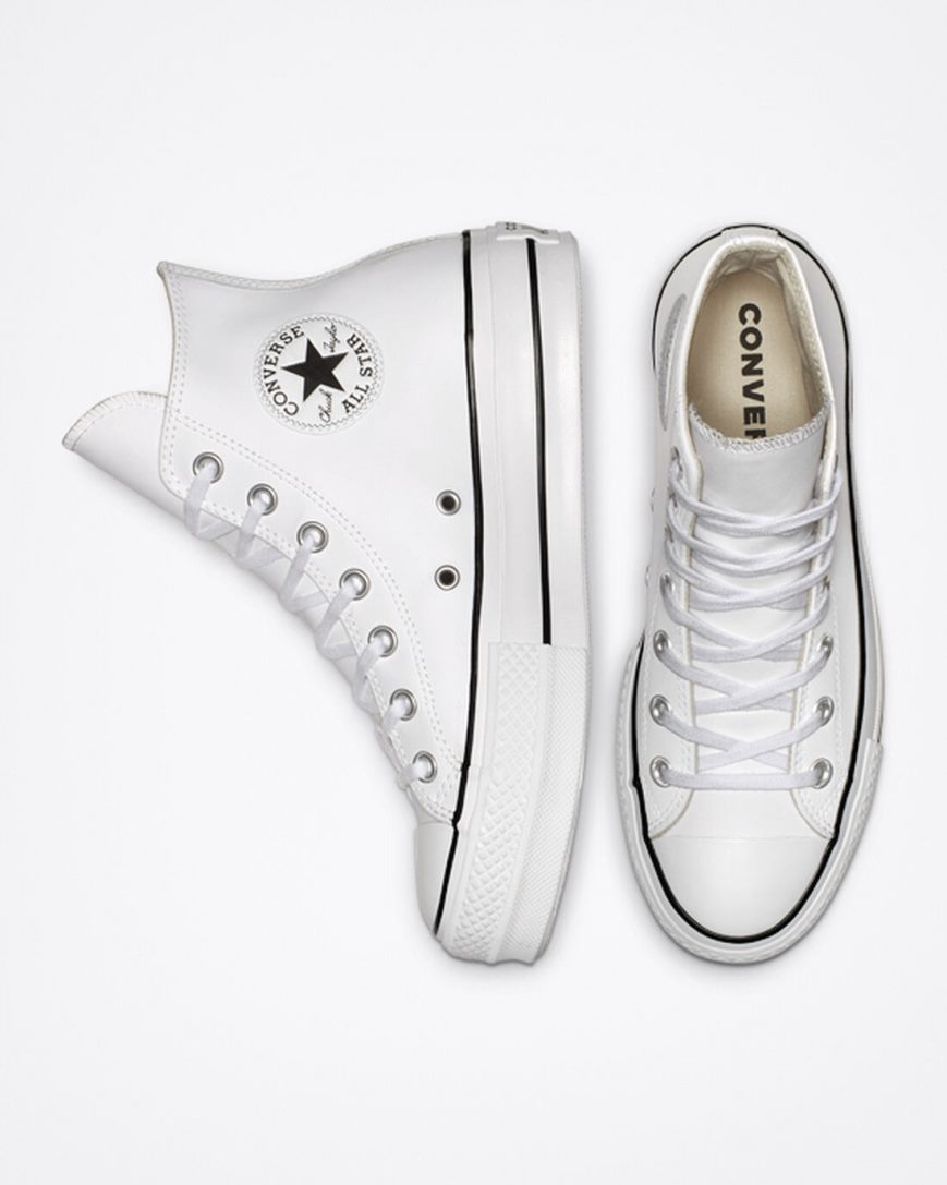 Dámské Boty Na Platformy Converse Chuck Taylor All Star Lift Læder Vysoké Bílé Černé Bílé | CZ YEW3189